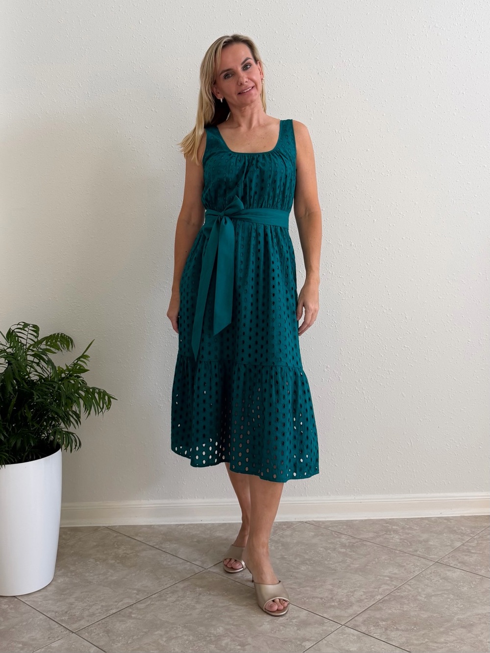 NWT J.Crew Teal Eyelet Cotton Midi Dress Belted Pockets Petite 8P